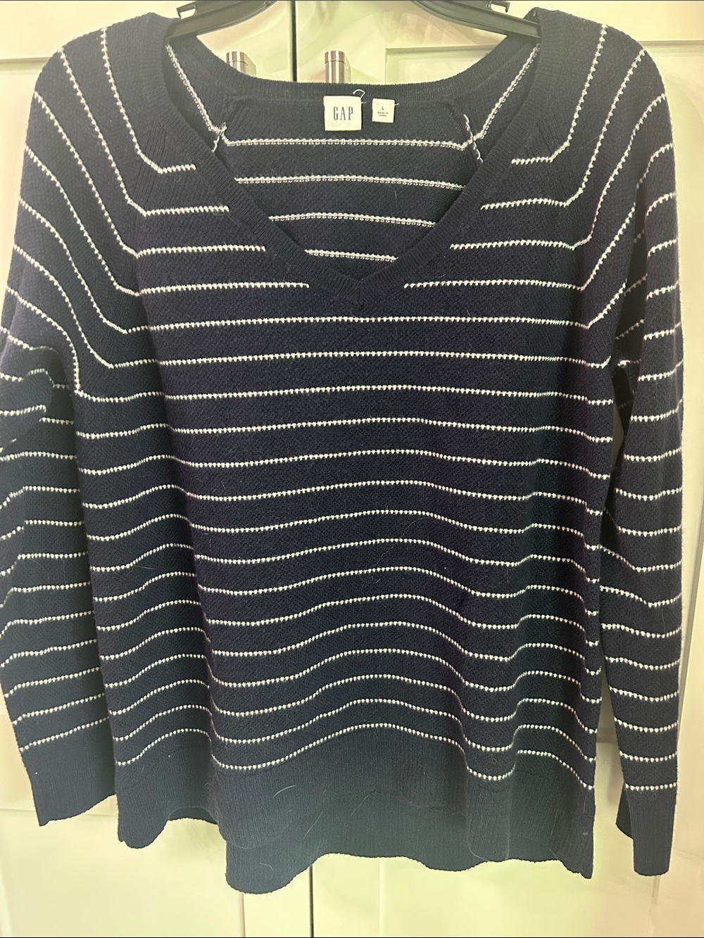 GAP Navy and White Striped V-Neck Sweater